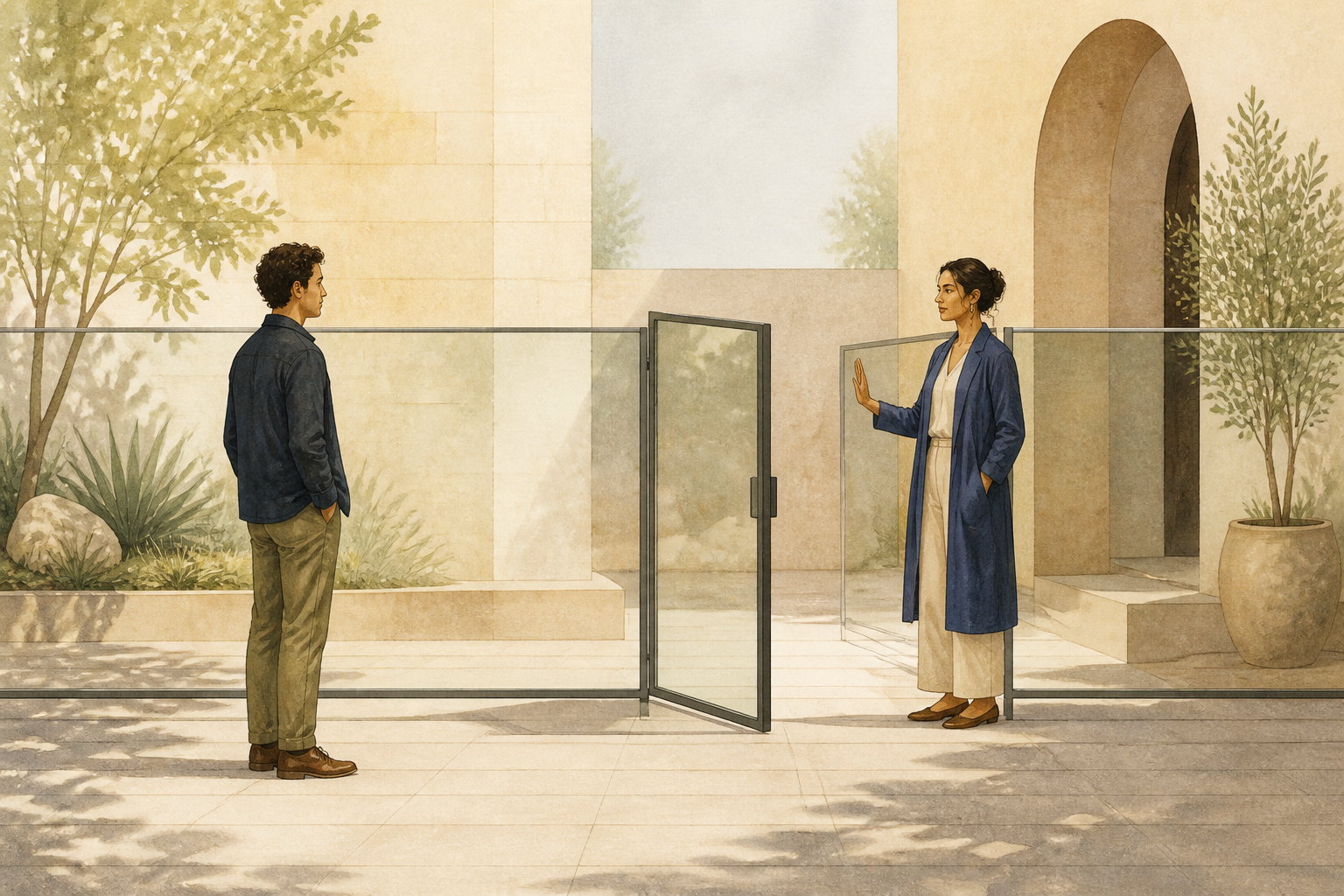 Two adults face each other across a low transparent partition and open gate, with one person holding up a calm open hand.