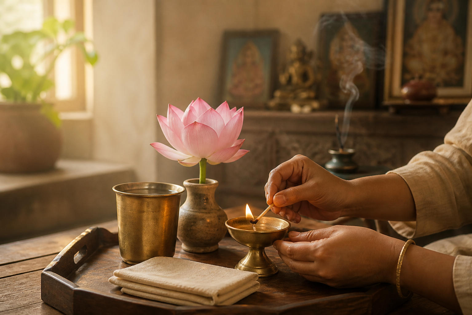 A devotee's hands prepare water, a lotus, folded cloth, and a small lamp beside a home altar in morning light.
