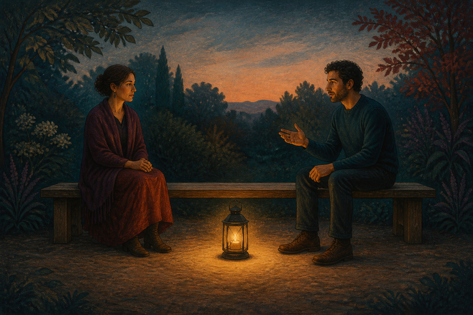 Two adults sit apart on a garden bench and face each other within the warm light of a lantern placed between them.