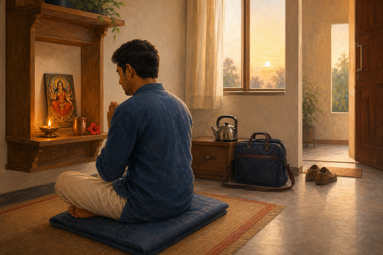 A householder performs a simple dawn practice at a compact Devi shrine while a kettle, work bag, and shoes indicate the ordinary day ahead.