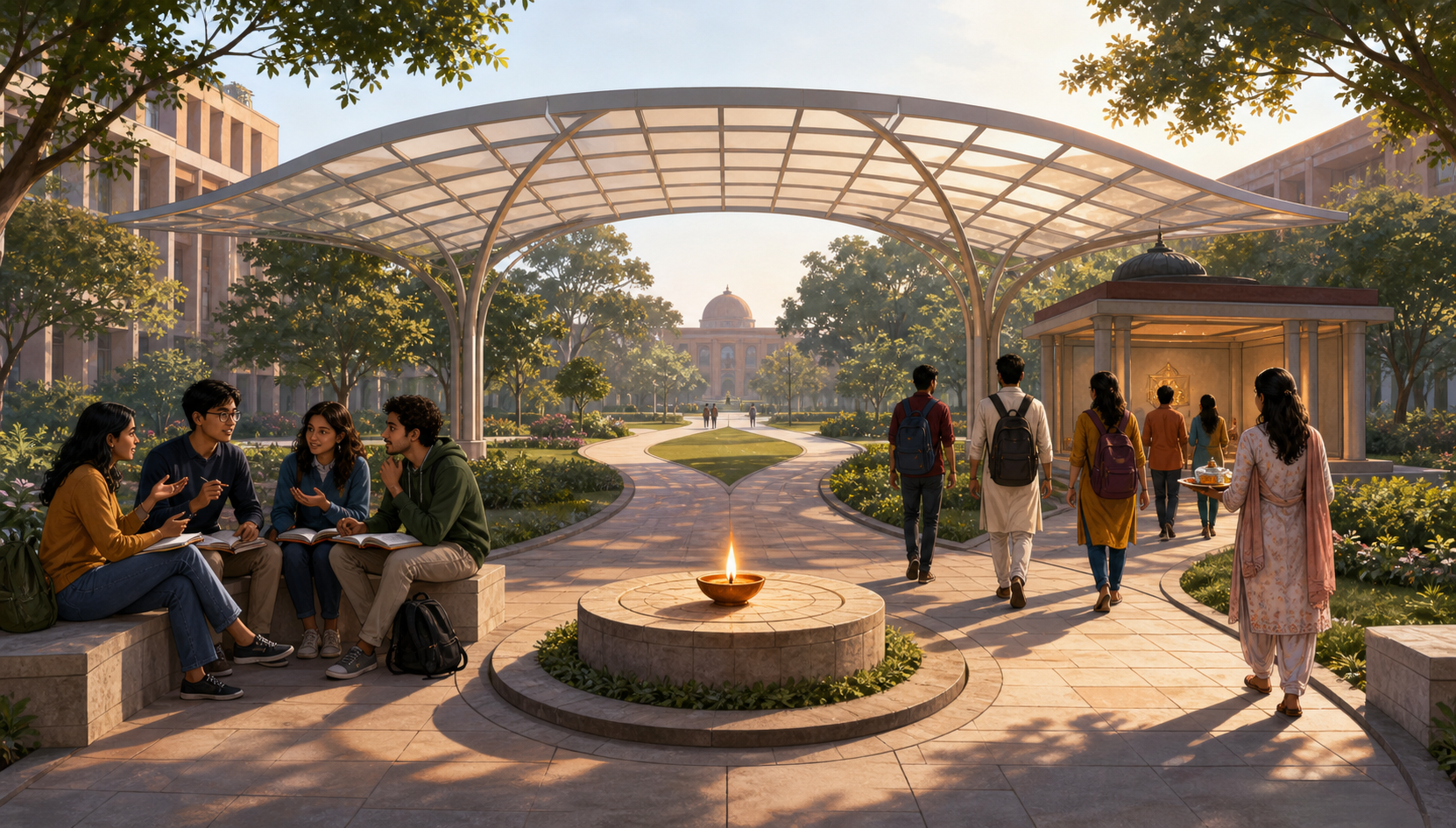 A campus walkway curves around a glowing diya, with students debating on one side and Hindu students approaching a reflection space on the other.