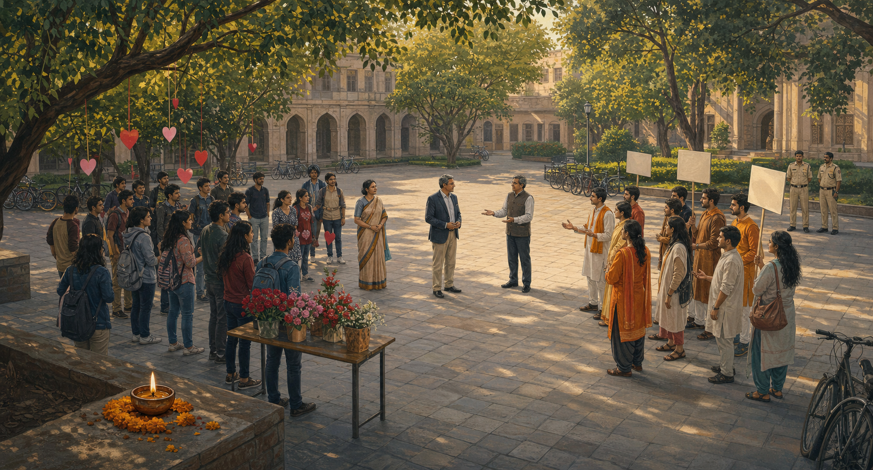 Students, Hindu cultural advocates, university administrators, and police share a campus courtyard during a peaceful dispute over a Valentine’s Day event.