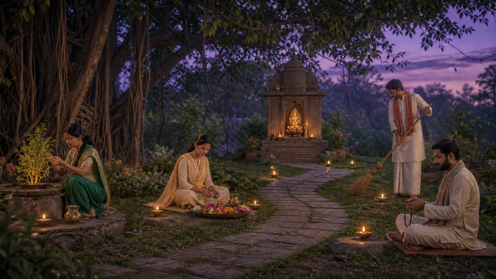 Practitioners tend tulsi, prepare flowers, use prayer beads, and sweep a garden path near a small shrine at twilight.
