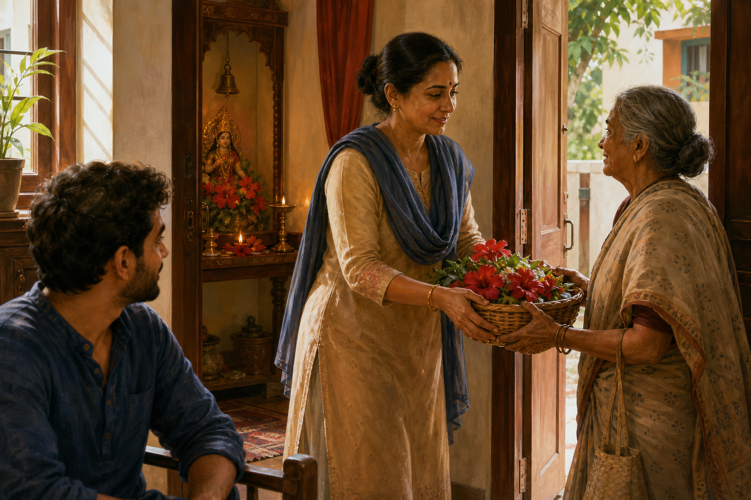 A practitioner leaves a small Devi shrine in the background and helps an older neighbor carry a basket through a sunlit doorway.