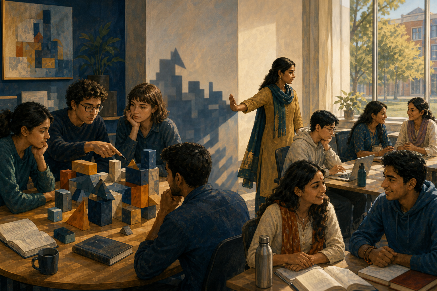 Students examine abstract blocks representing ideas while a translucent shadow is kept from falling across Hindu classmates who are studying and talking nearby.