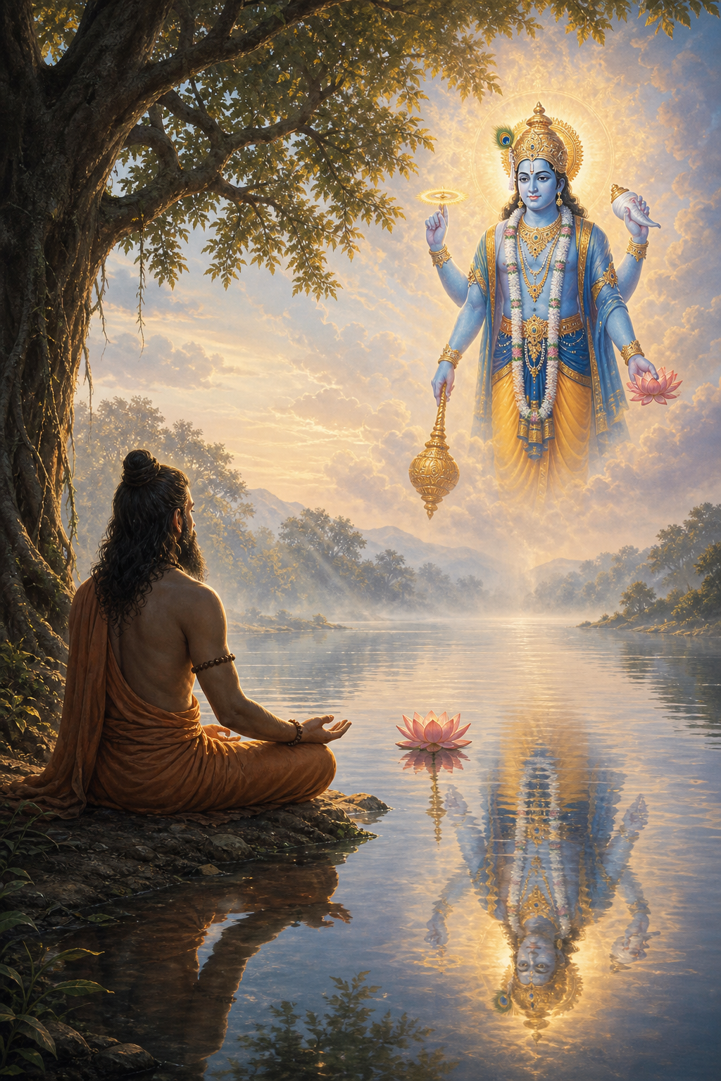 Kardama meditates beside a misty river as a radiant four-armed Vishnu appears above the water.
