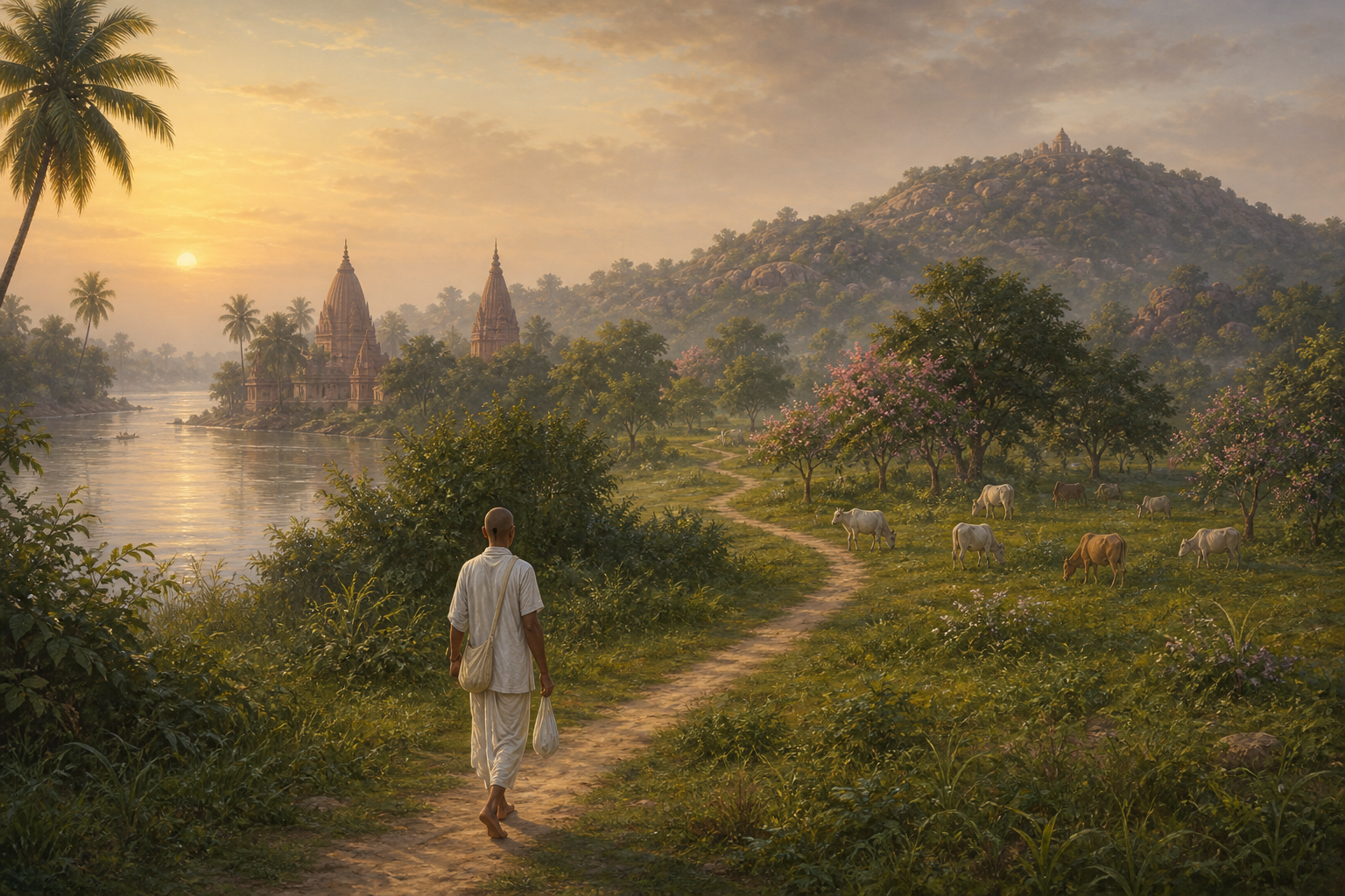 A pilgrim walks along a winding path through a composite landscape of a Bengal riverbank, temple spires, flowering groves, grazing cows, and a low sacred hill at sunrise.
