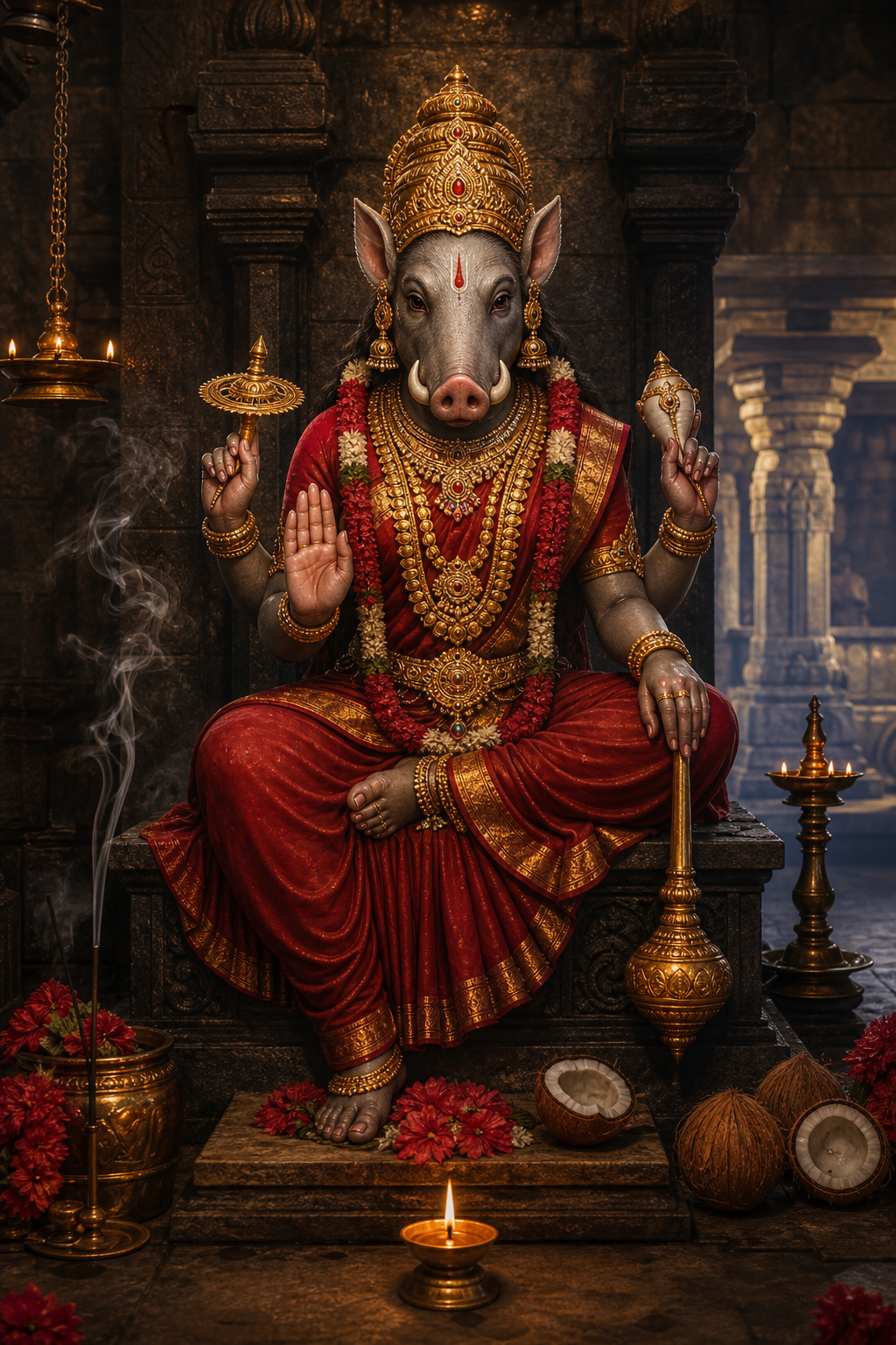 Goddess Varahi seated in a lamplit Tamil temple sanctum with flowers, coconuts, and an oil lamp before her pedestal.