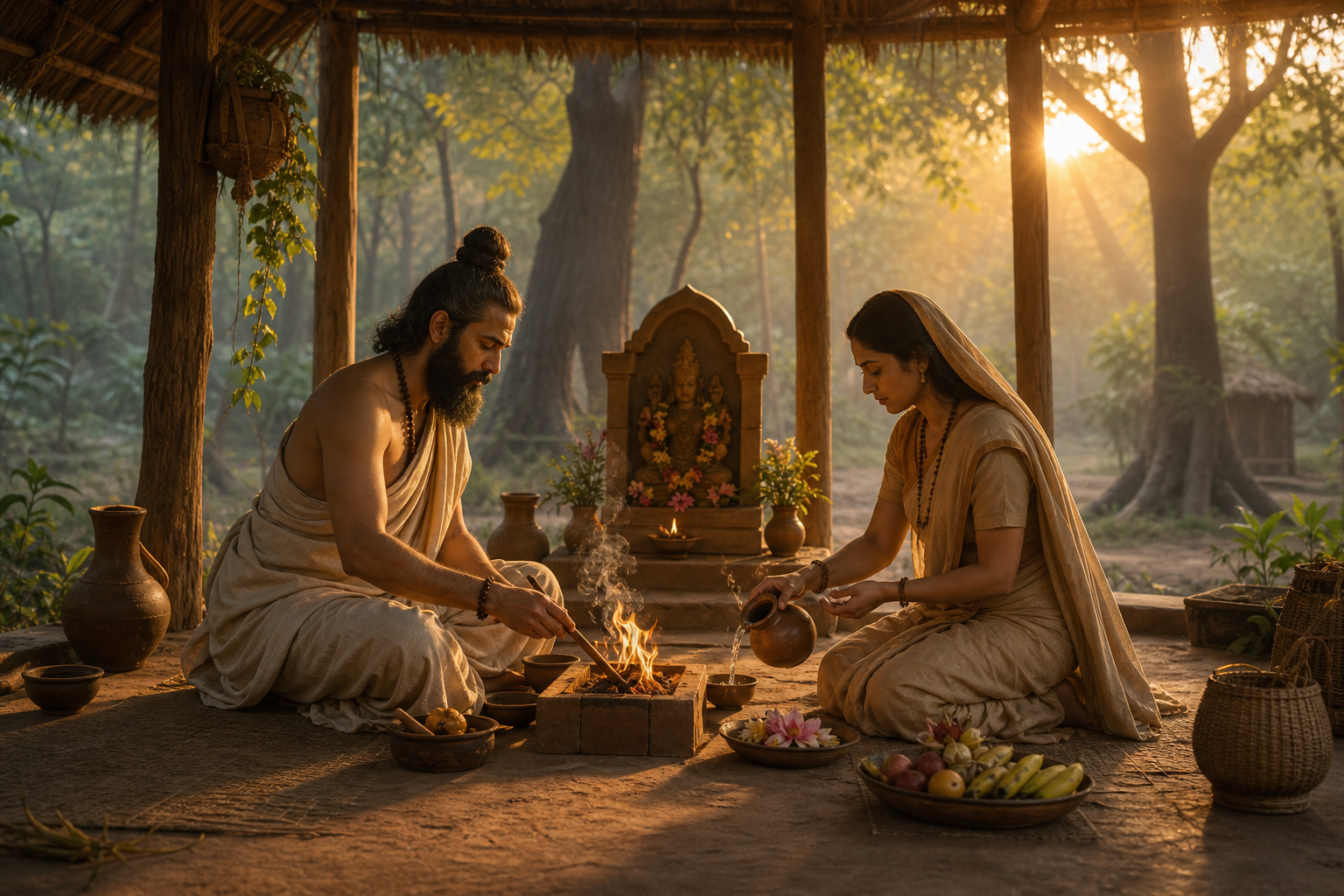 Kardama and Devahuti perform complementary devotional duties together in a simple forest ashram at dawn.