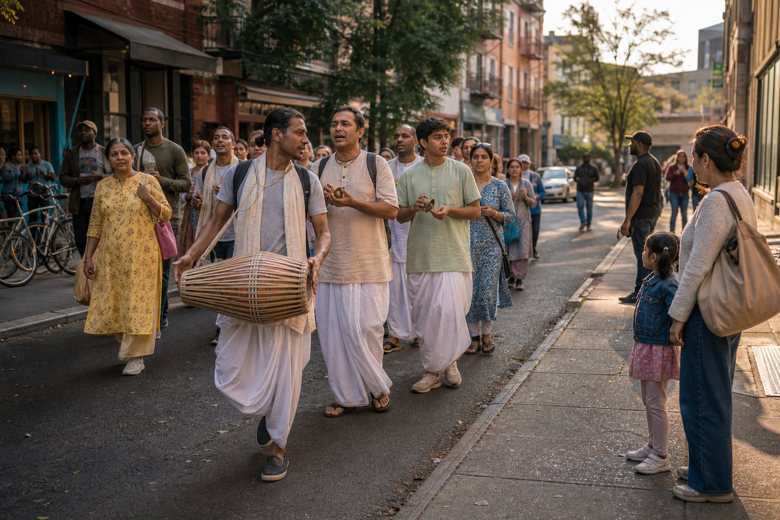 A multigenerational Harinama procession chants and plays drums and hand cymbals on a Brooklyn commercial street as pedestrians watch and begin to join.