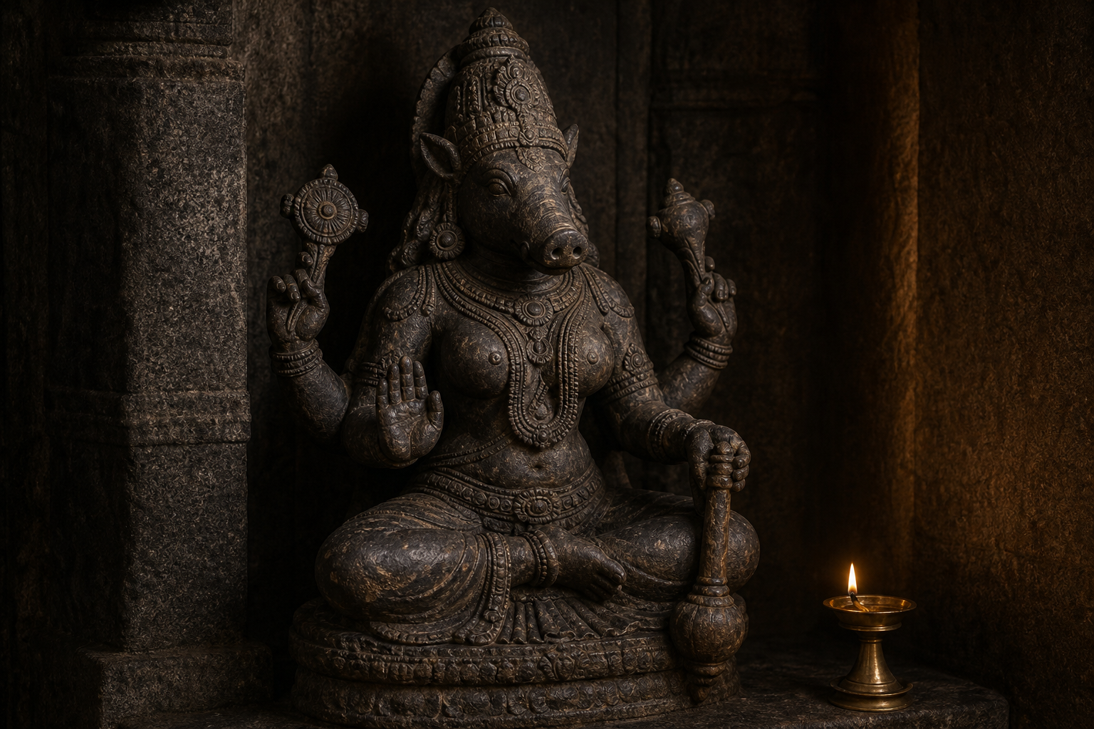 Dark-stone sculpture of the boar-headed Goddess Varahi seated in a granite niche beside a brass oil lamp.