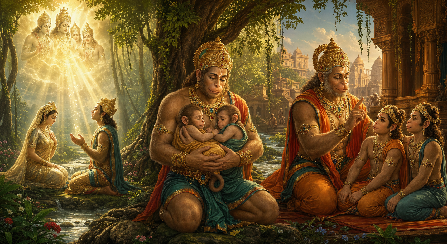 Three connected forest scenes show celestial origins, a parent holding two newborn vanara children, and an elder teaching the two princes as they grow.