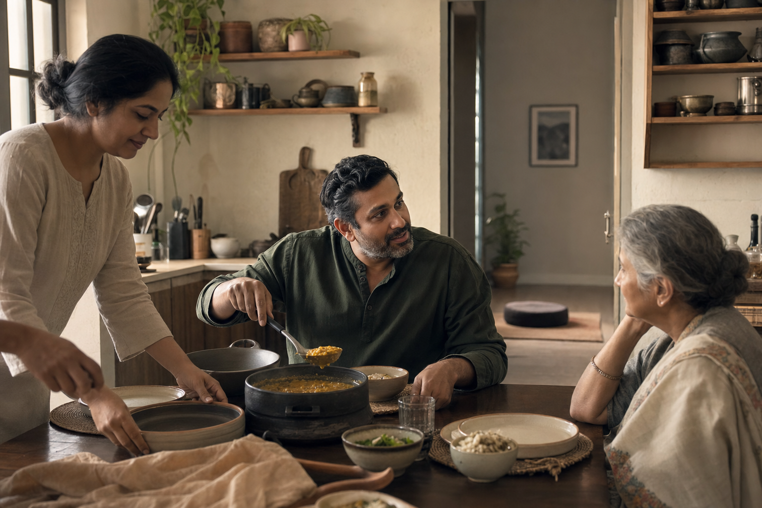 A householder serves food at a family table while listening to an older relative, with an empty meditation cushion visible through a doorway.