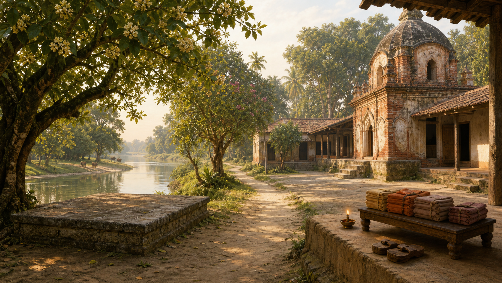 A continuous path links a quiet river grove with cows and old trees to a weathered brick temple courtyard containing an oil lamp, wooden sandals, and wrapped manuscripts.