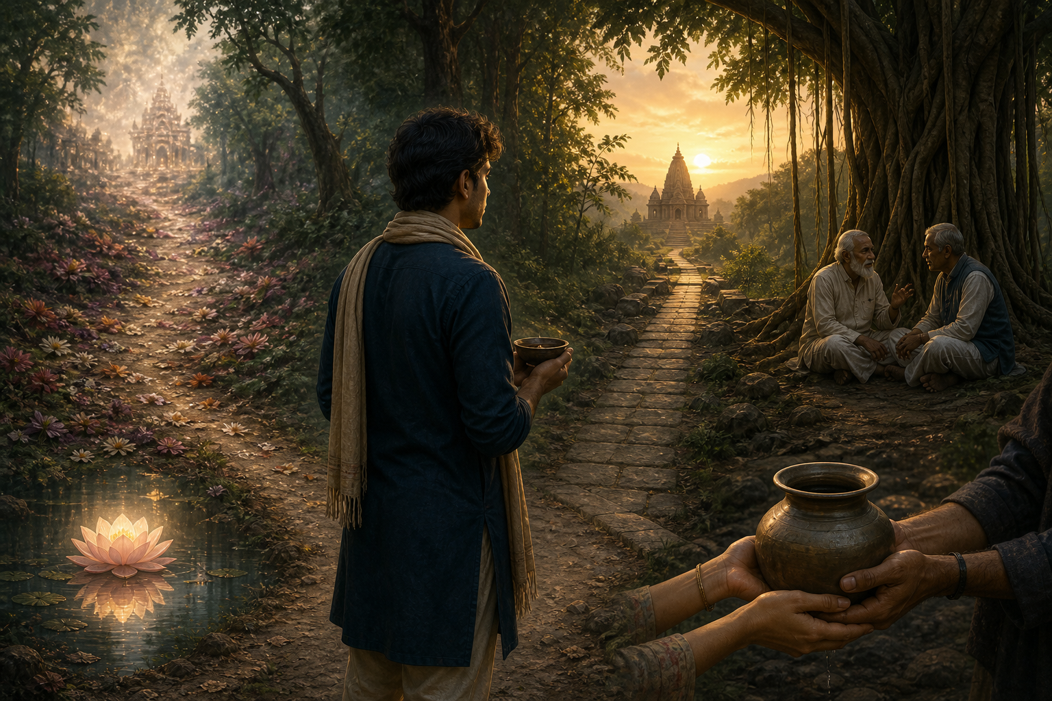 A person with an oil lamp considers two forest paths near a lotus pond, seated elders, a distant temple, and shared household work.