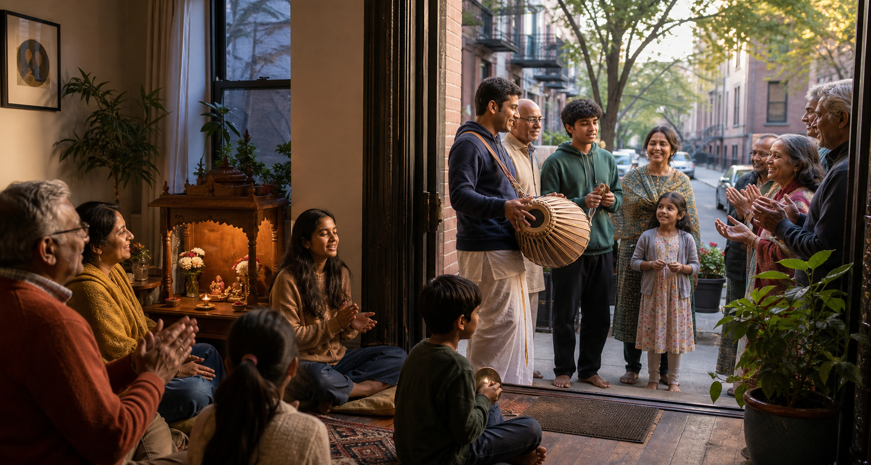 A diaspora family practices bhakti inside a Brooklyn apartment while members of the community carry a drum and cymbals through the doorway toward a public neighborhood gathering.