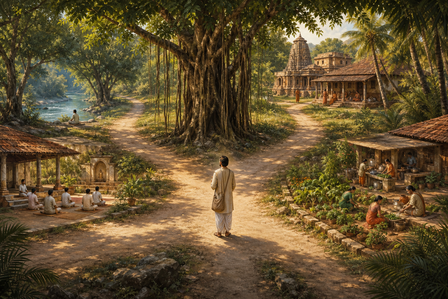 A traveler pauses at a rural crossroads where separate paths lead toward a river grove, an old temple, an ashram courtyard, and a communal garden and kitchen.