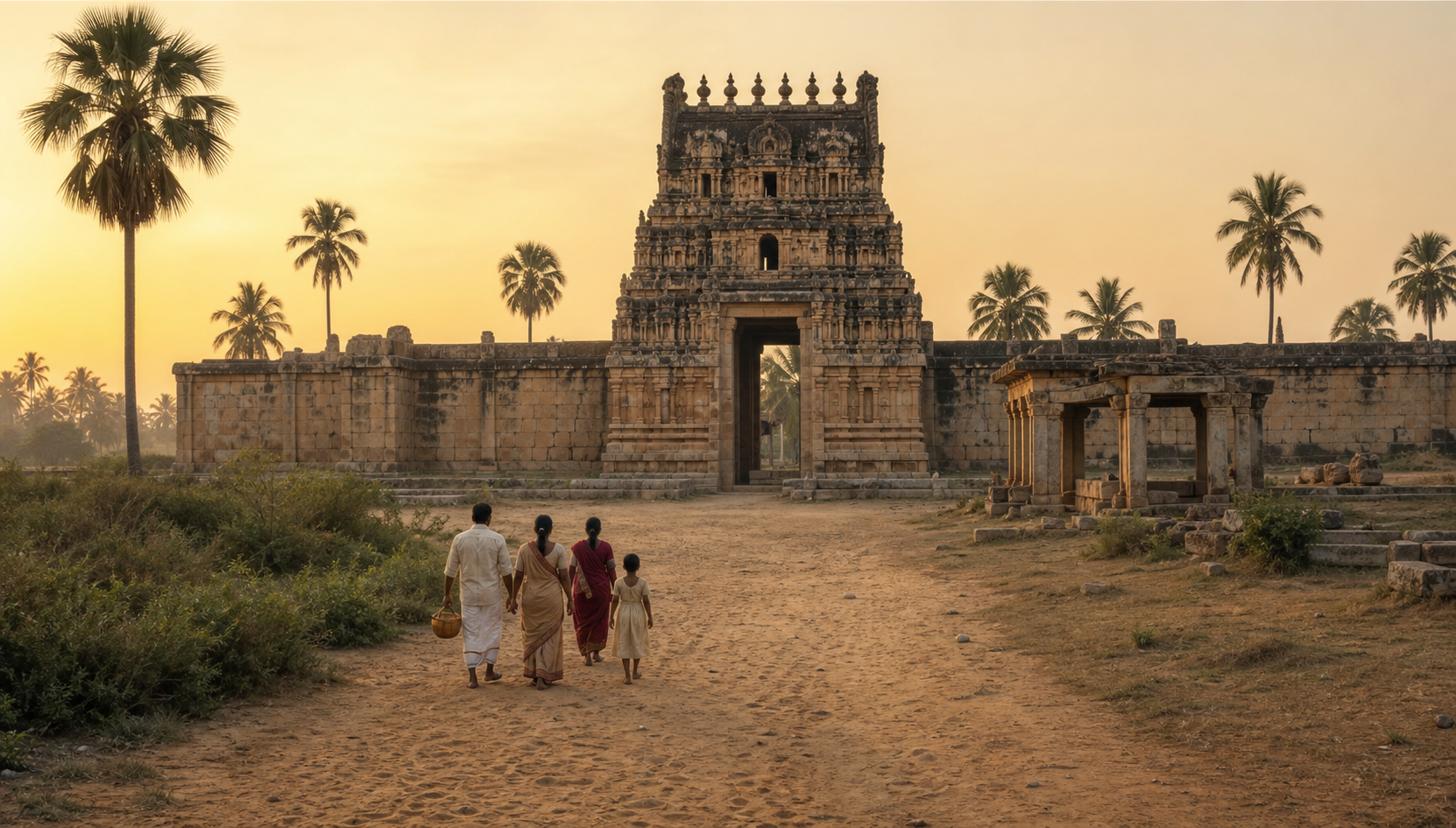 Pilgrims carrying flowers approach a weathered Dravidian temple gateway in the Ramanathapuram region at dawn.