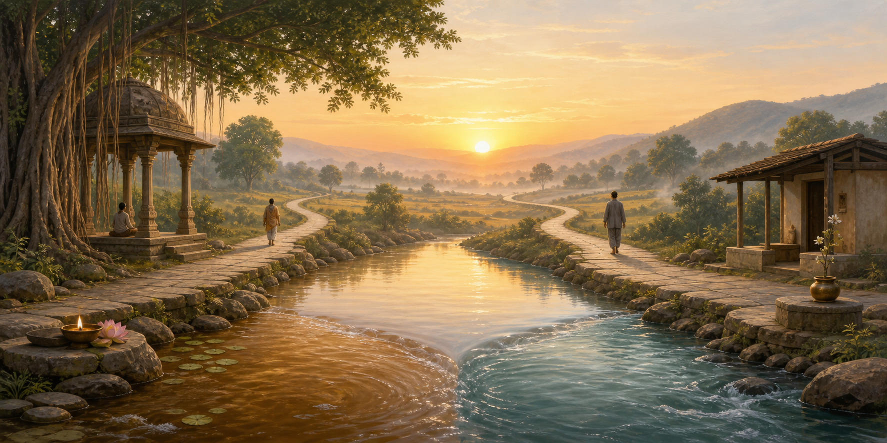 Two distinct paths and streams pass separate contemplative shelters before approaching a shared sunlit horizon.