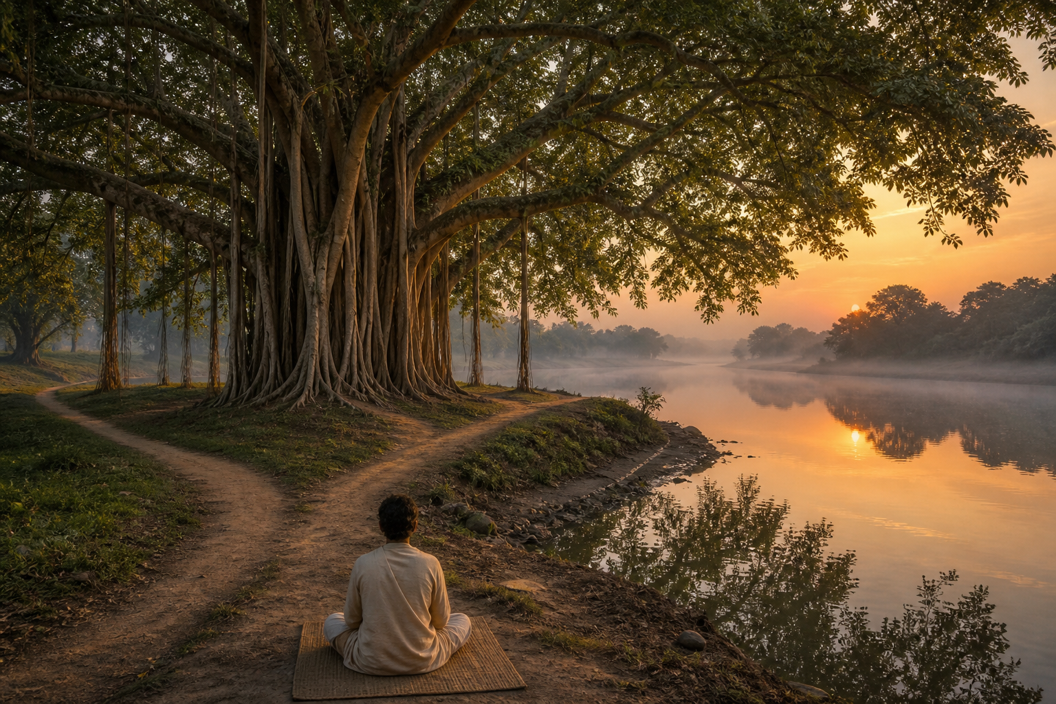 A seated seeker faces a many-trunked banyan tree beside a calm river at dawn, with separate paths converging beneath its unified canopy.