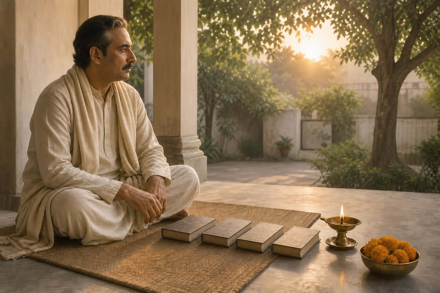 Symbolic illustration of an Indian Hindu scholar seated on a woven mat beside four closed books, a brass oil lamp, and marigolds in a quiet veranda.