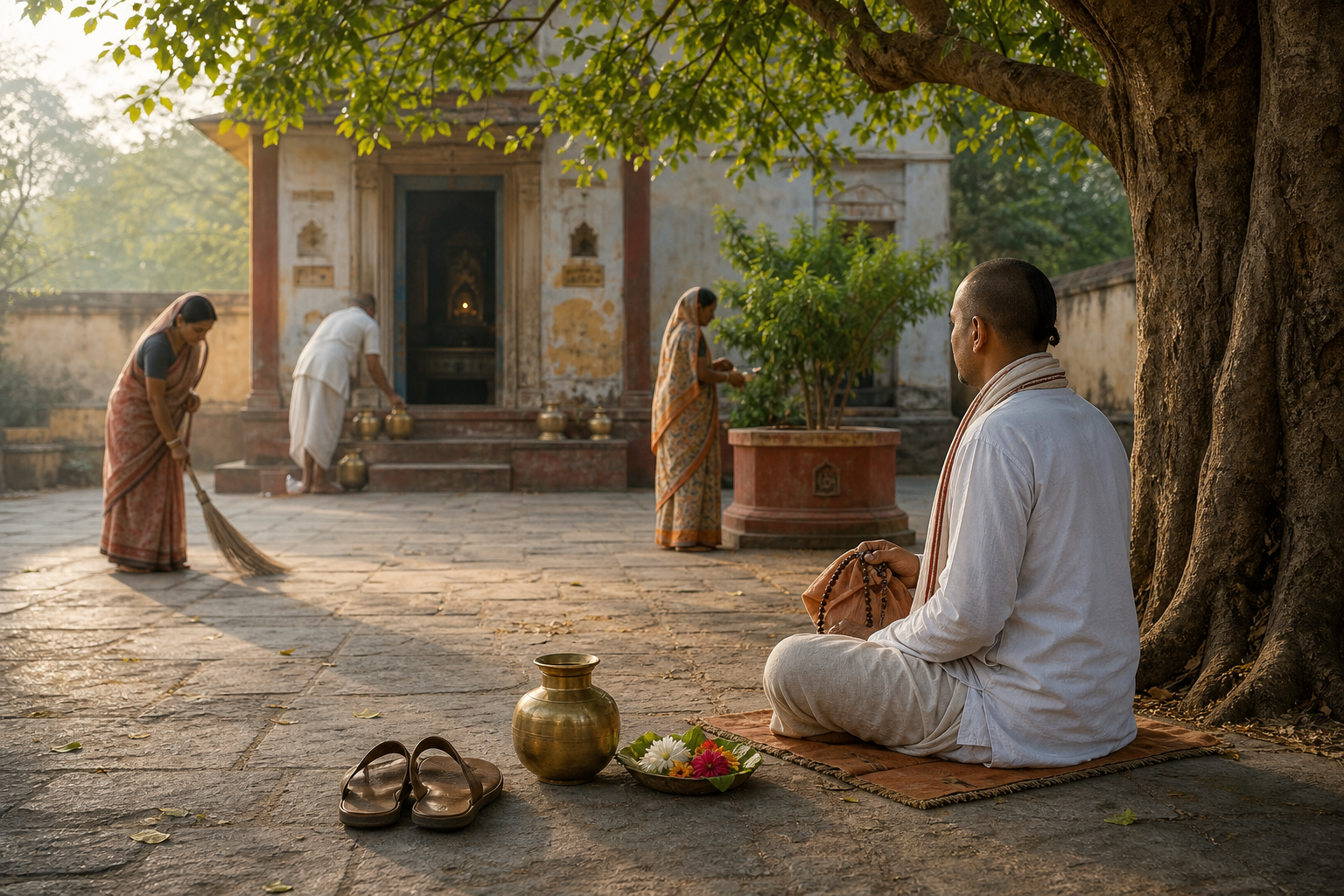 A seated pilgrim chants beneath a tree while local residents sweep a temple courtyard, tend a tulasi planter, and arrange water vessels in the morning light.