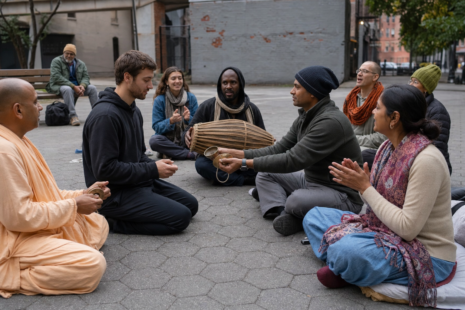 A Harinama participant demonstrates hand cymbals to a newcomer at the edge of a chanting circle while others clap, sing, and play a drum.