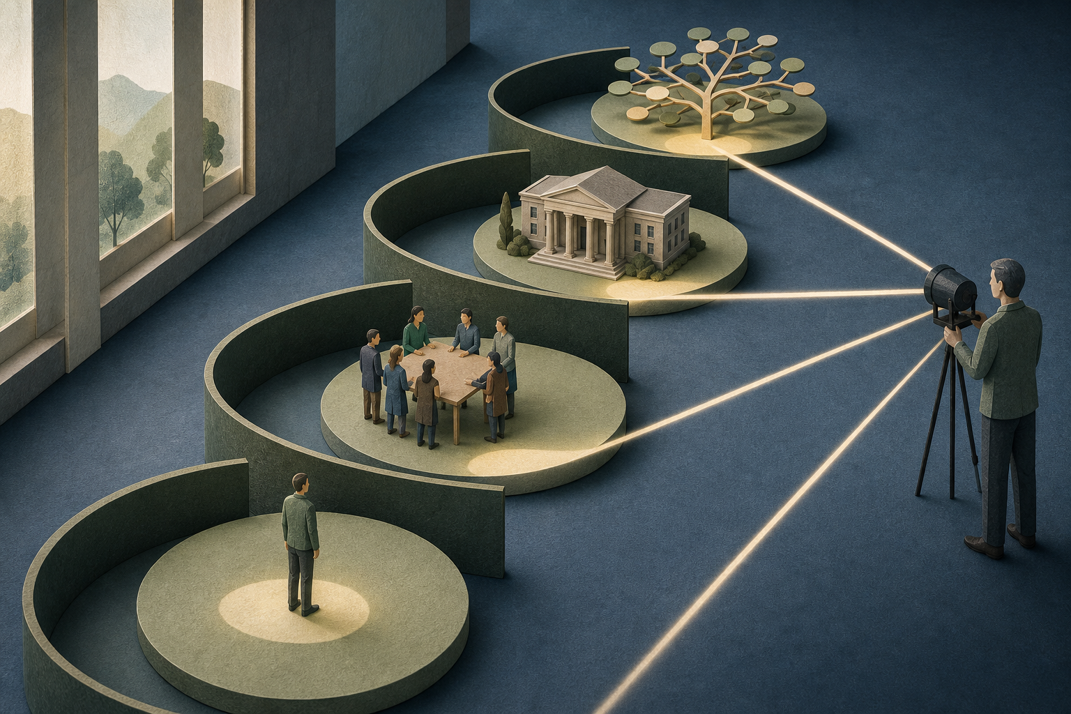 A researcher illuminates four separated platforms holding an individual, a congregation, an institution and an abstract branching structure.