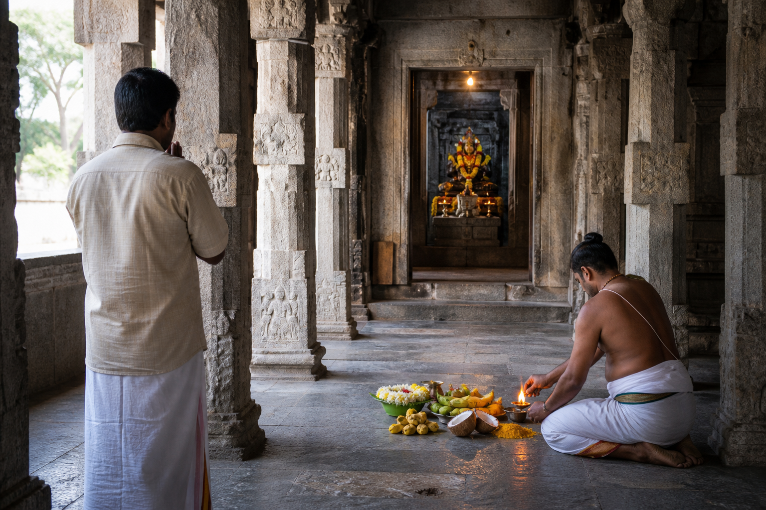 A pilgrim prays before a Varahi shrine while a priest tends an oil lamp and simple offerings in a granite temple hall.