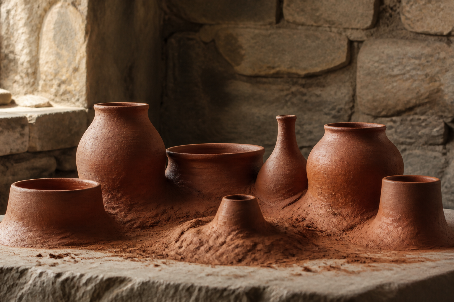 Different shapes of handmade clay vessels stand together, all visibly formed from the same continuous bed of reddish clay.