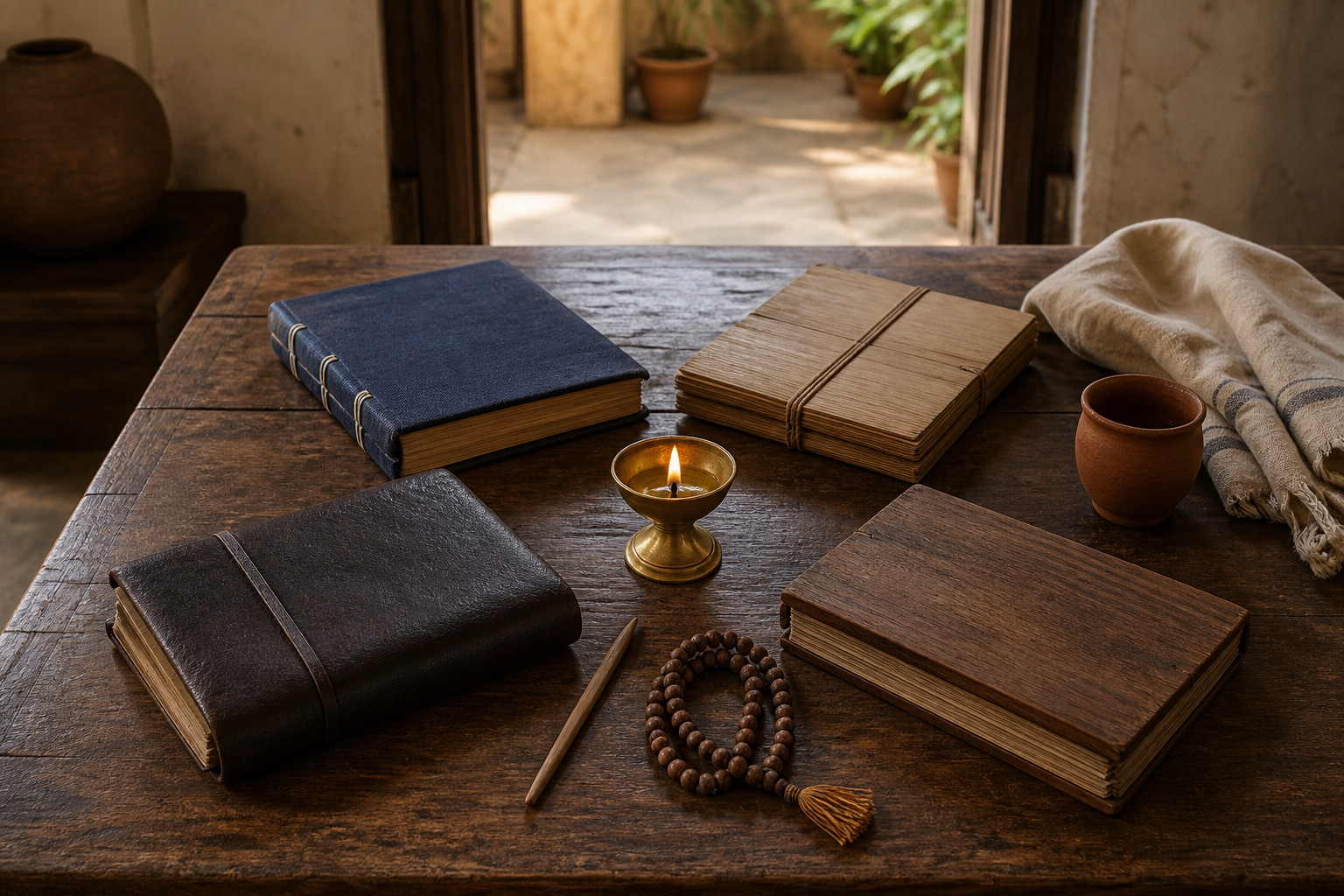 Four unmarked books arranged around a brass oil lamp on a wooden table with prayer beads, a stylus, and a clay cup.