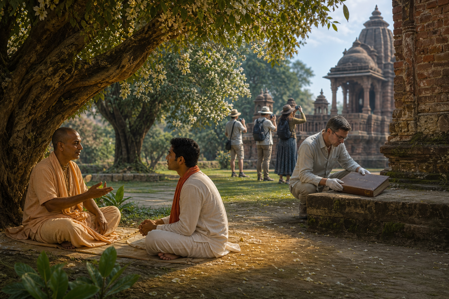 At a sacred grove and brick shrine, a pilgrim listens to a teacher, a researcher examines a closed manuscript, and travelers photograph the architecture in the background.