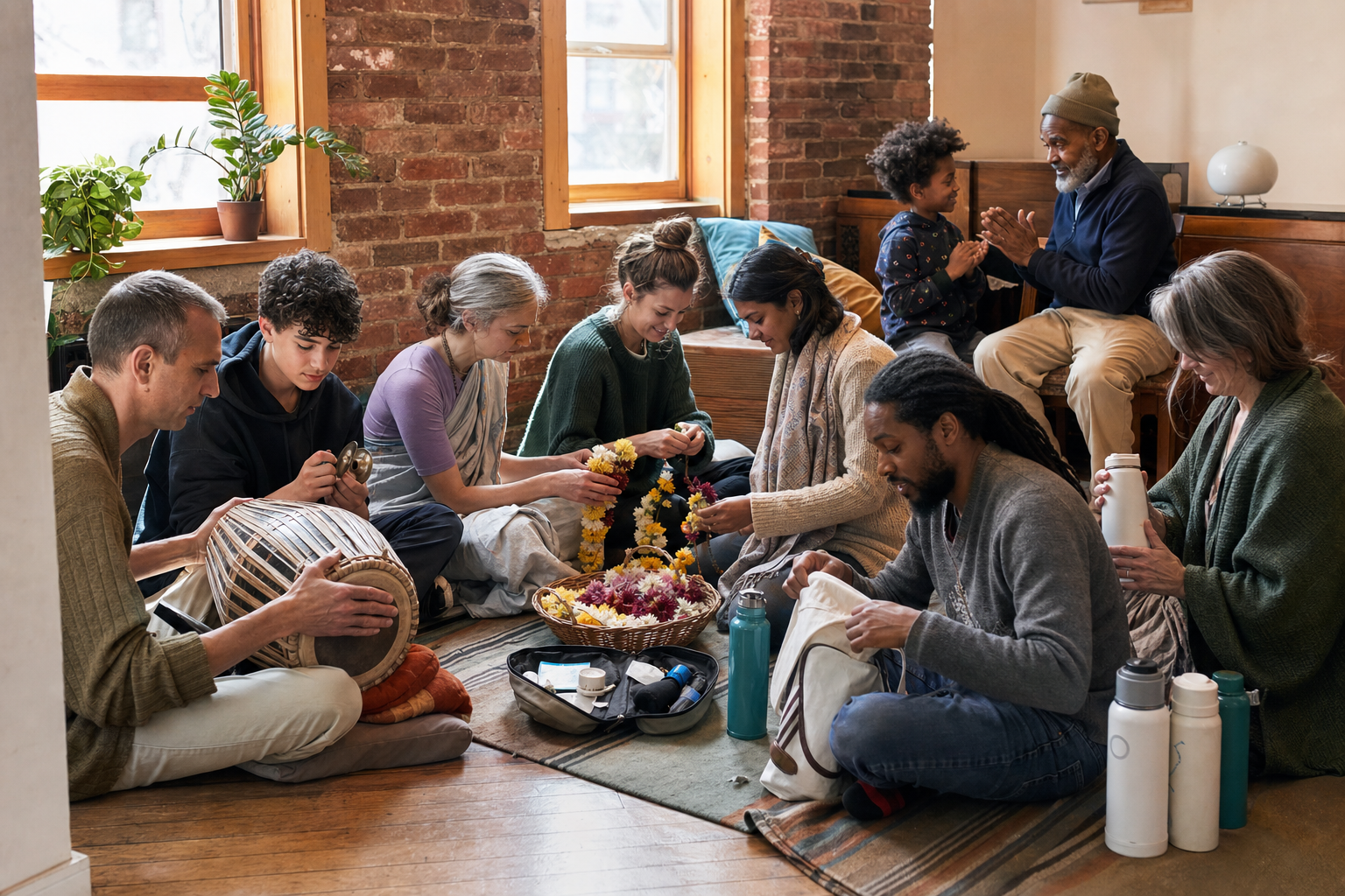 Adults, teenagers, children, and an elder prepare drums, hand cymbals, flower garlands, water, and safety supplies for a neighborhood Harinama.