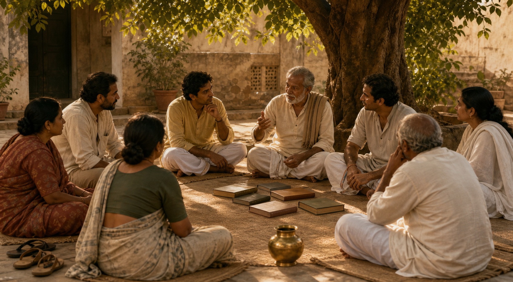 An intergenerational group of women and men seated in a courtyard satsanga, listening to an elder beneath a shade tree.