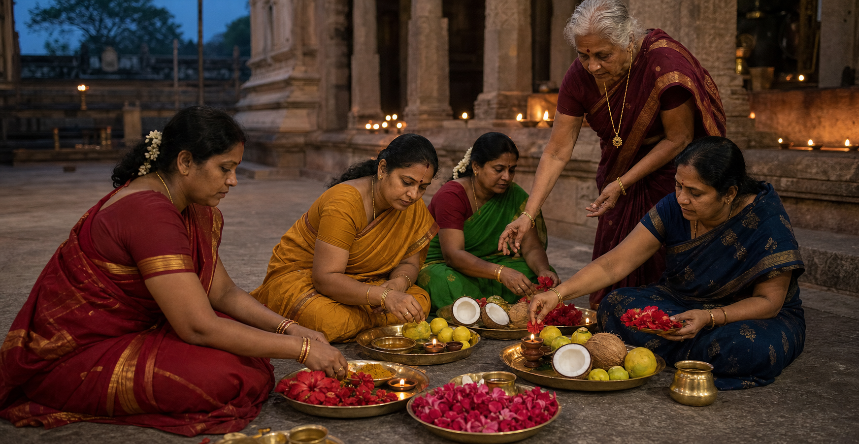 Women devotees arrange flowers, turmeric, lemons, coconuts, and oil lamps on brass trays in a Tamil temple courtyard.