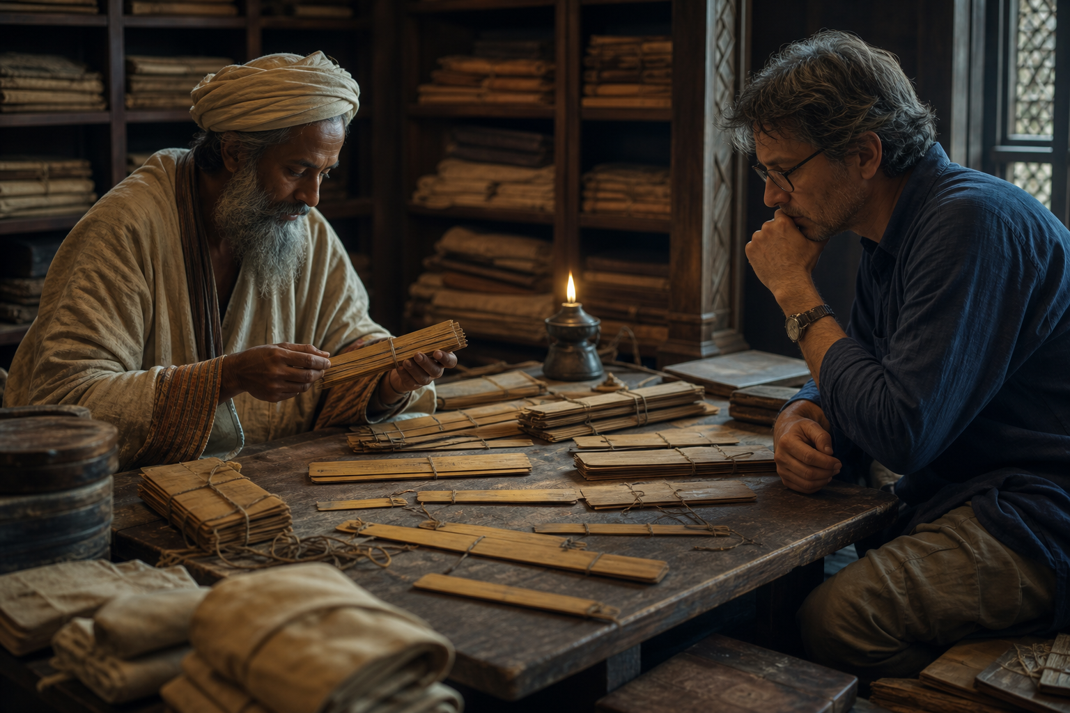 Two anonymous researchers examine incomplete palm-leaf manuscript bundles with broken cords and visible gaps at a low table.