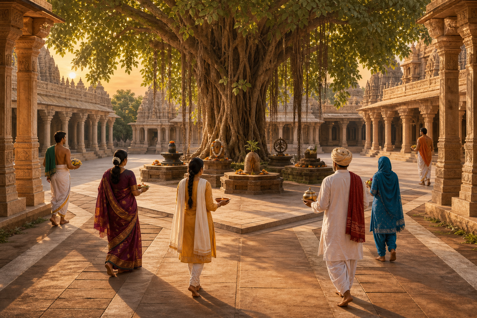 Worshippers carrying different offerings approach a shared temple courtyard along separate paths beneath a large banyan tree.