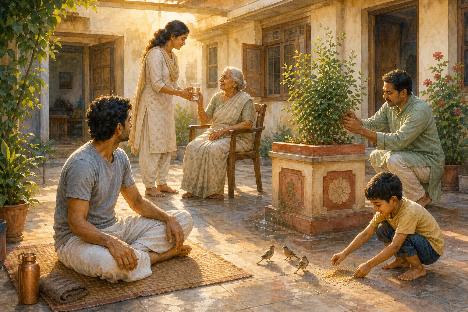 Several family members share a sunlit courtyard, where one person meditates while others offer water, tend a plant, and feed birds.