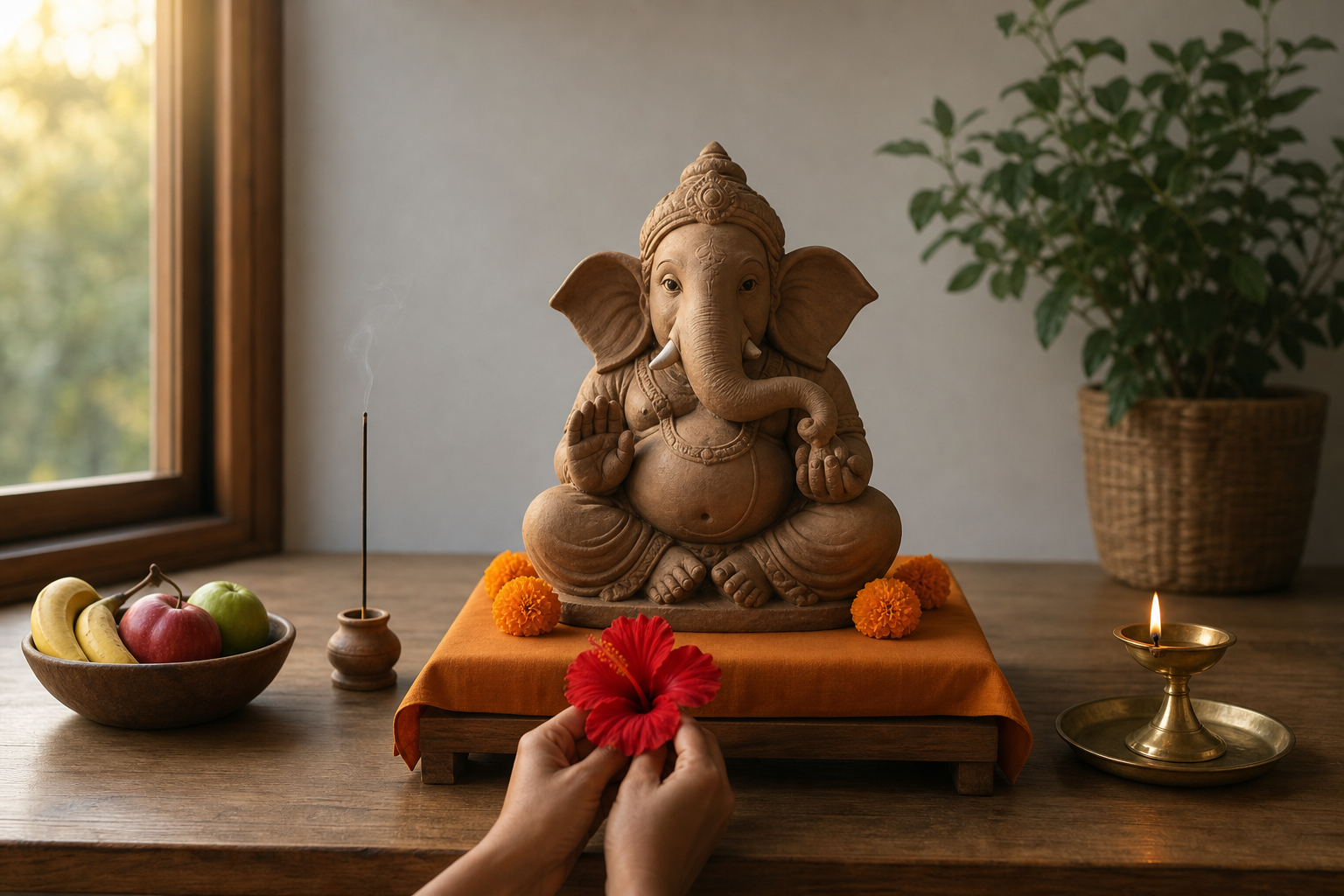 A small left-coiled Ganesha murti on a clean home altar as a devotee offers a red hibiscus beside a brass oil lamp.