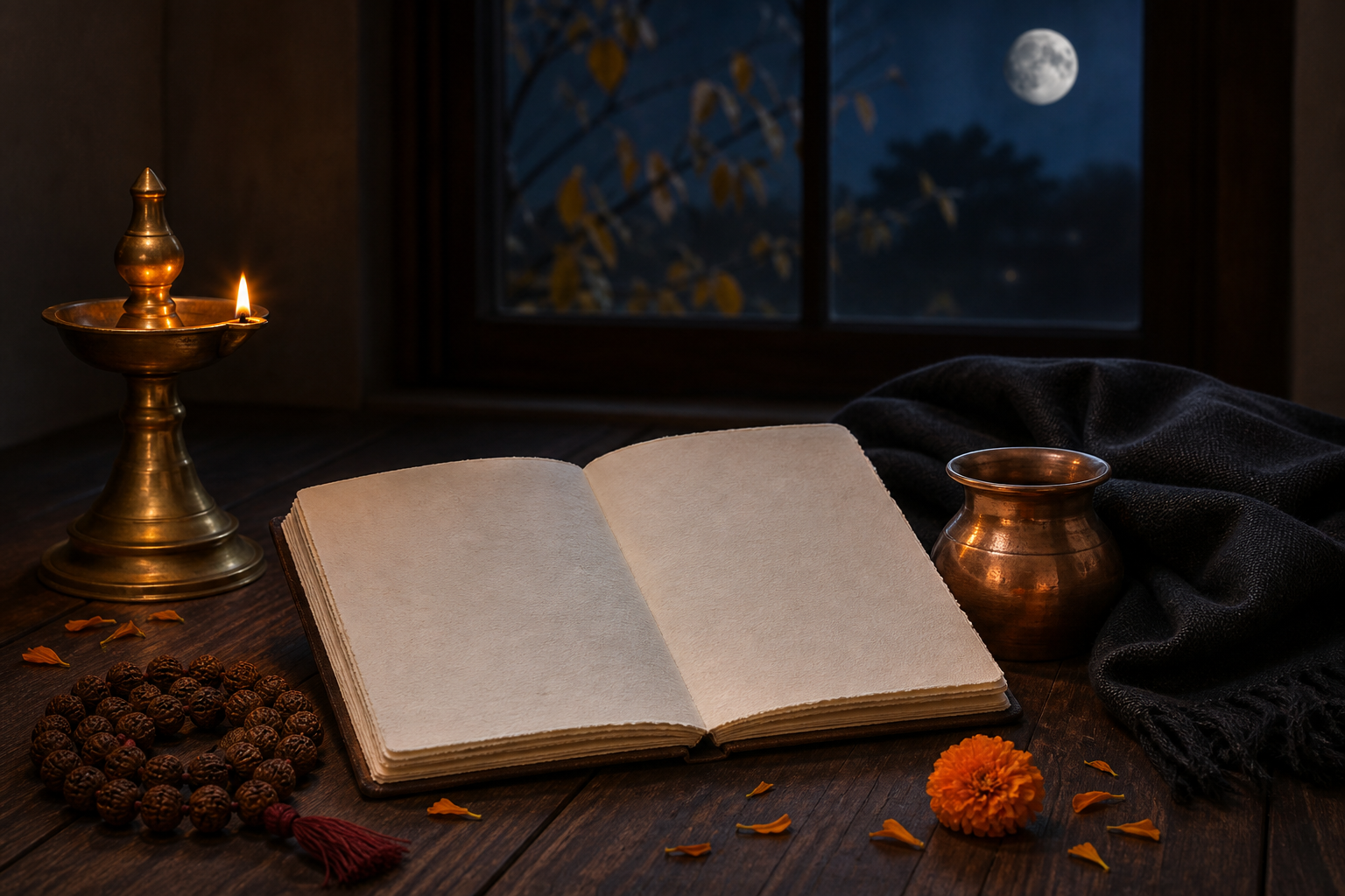 A blank handmade planner lies beside a brass oil lamp, prayer beads, a copper vessel, a dark folded shawl and marigold petals, with a waxing moon visible through a window.