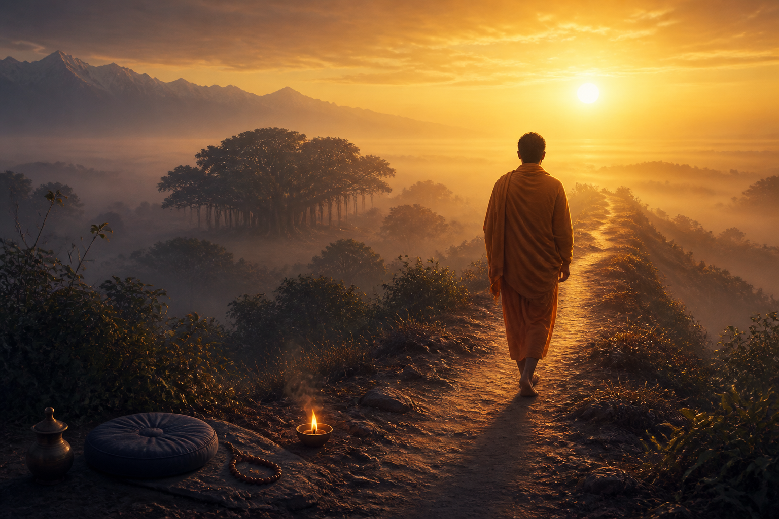 A solitary seeker walks along an earthen path at dawn toward a luminous horizon, with prayer beads, a meditation cushion, a water vessel, and a small flame beside the path.