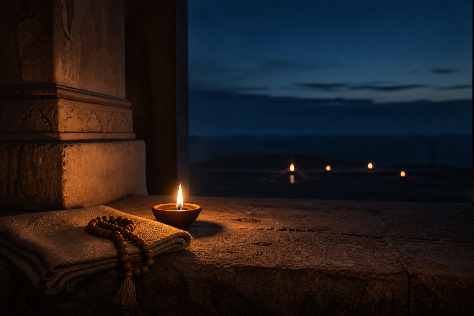 A small oil lamp burns beside wooden prayer beads and a folded meditation cloth in a dark stone alcove, with a few distant lamps visible beyond it.