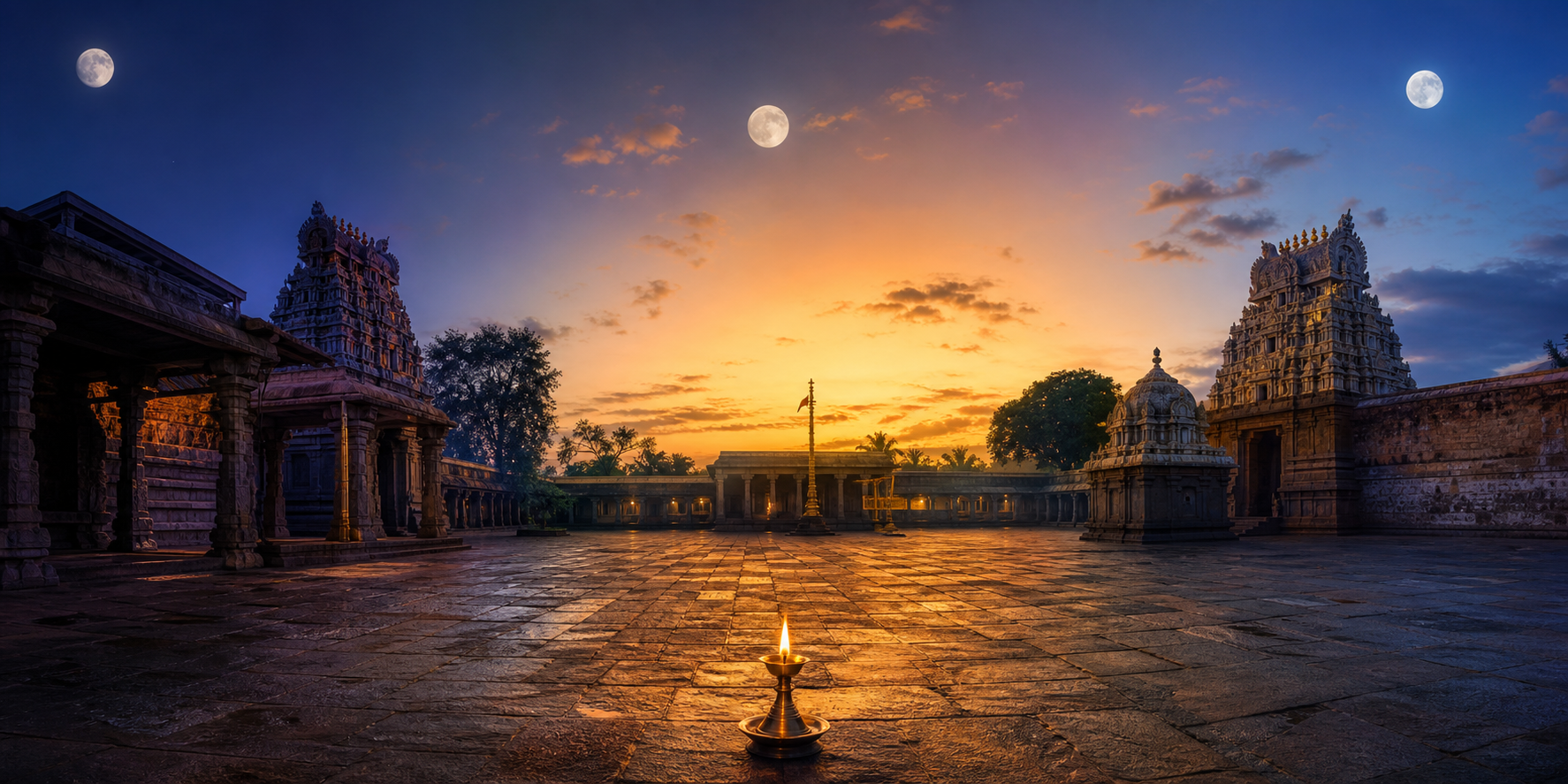 A temple courtyard transitions from predawn through daylight to evening beneath a waxing moon, with a brass lamp remaining in the foreground.