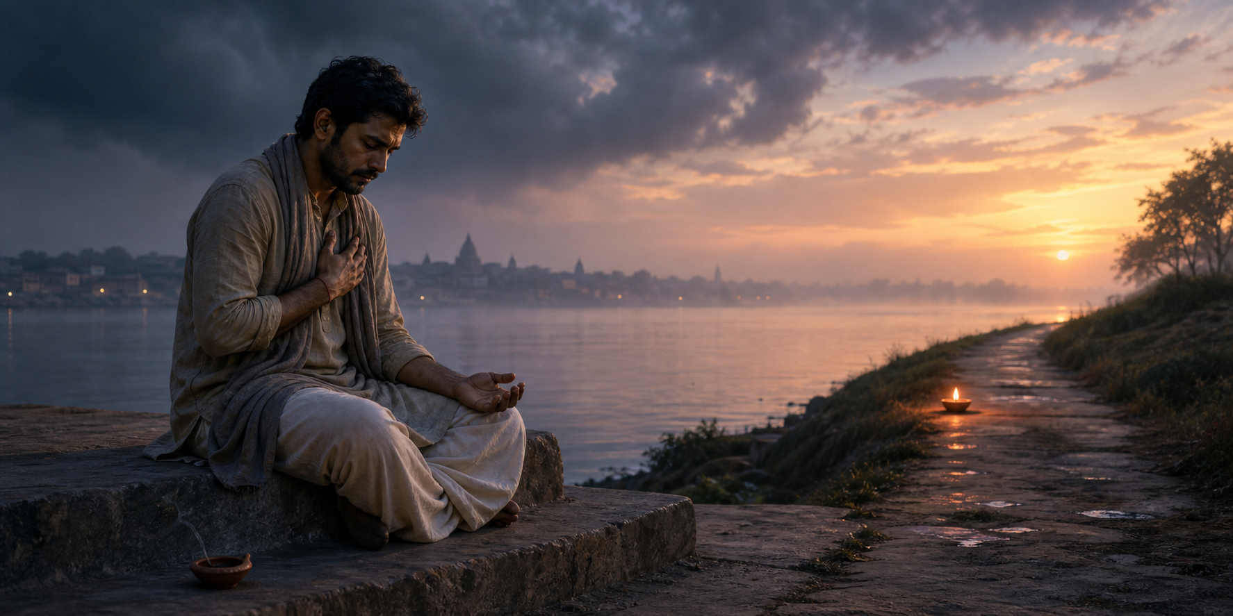 A grieving person sits steadily beside a river at dawn, with an extinguished clay lamp nearby and a burning lamp farther along the path.