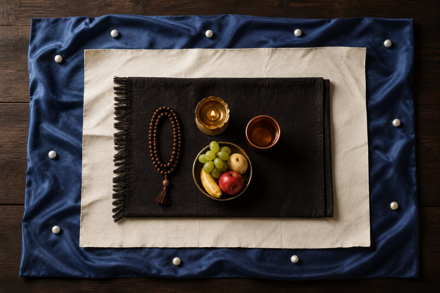Four nested arrangements of blue silk, blank folded paper, a dark shawl with prayer beads, and a central brass lamp with simple devotional items represent layered planning.