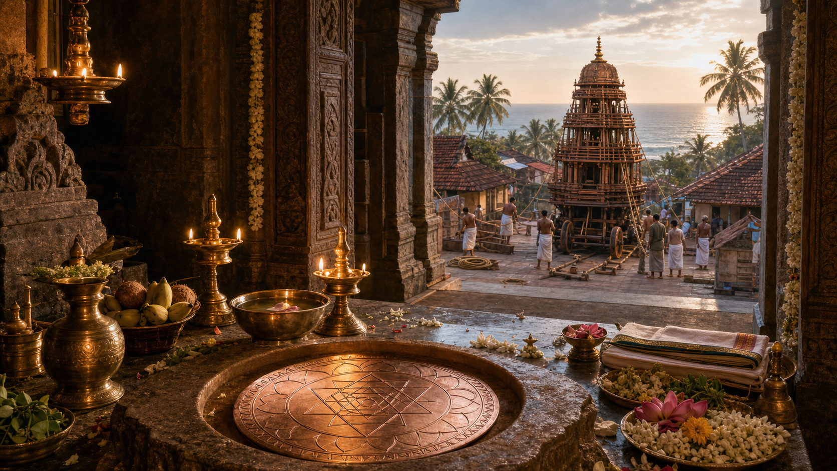 A geometric copper ritual plate and oil lamps sit near a coastal temple altar, while attendants prepare a wooden chariot in the palm-lined courtyard beyond.