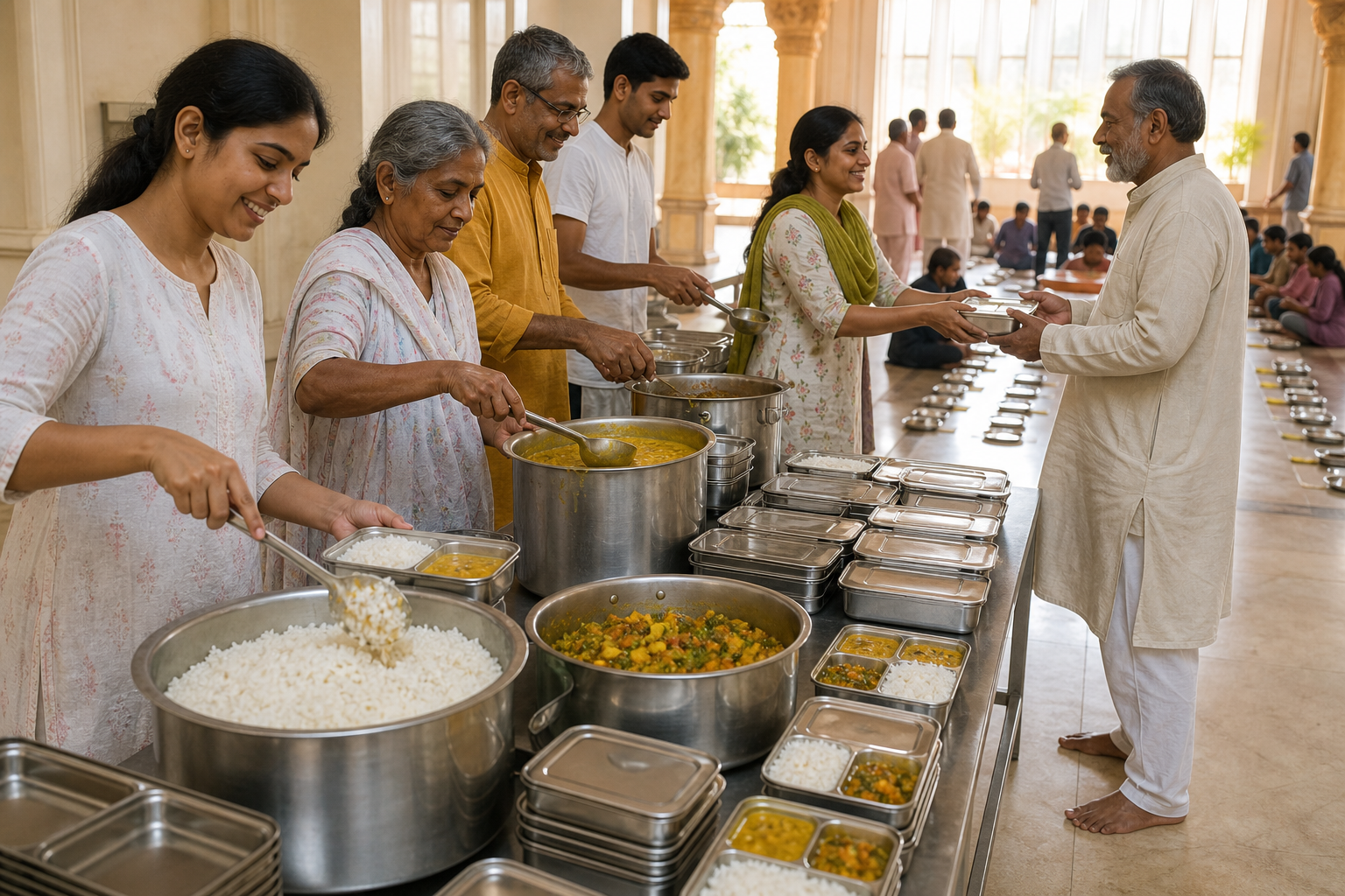 Volunteers in a temple community kitchen pack surplus rice, dal, and vegetables into clean containers while another volunteer serves a guest at an open table.