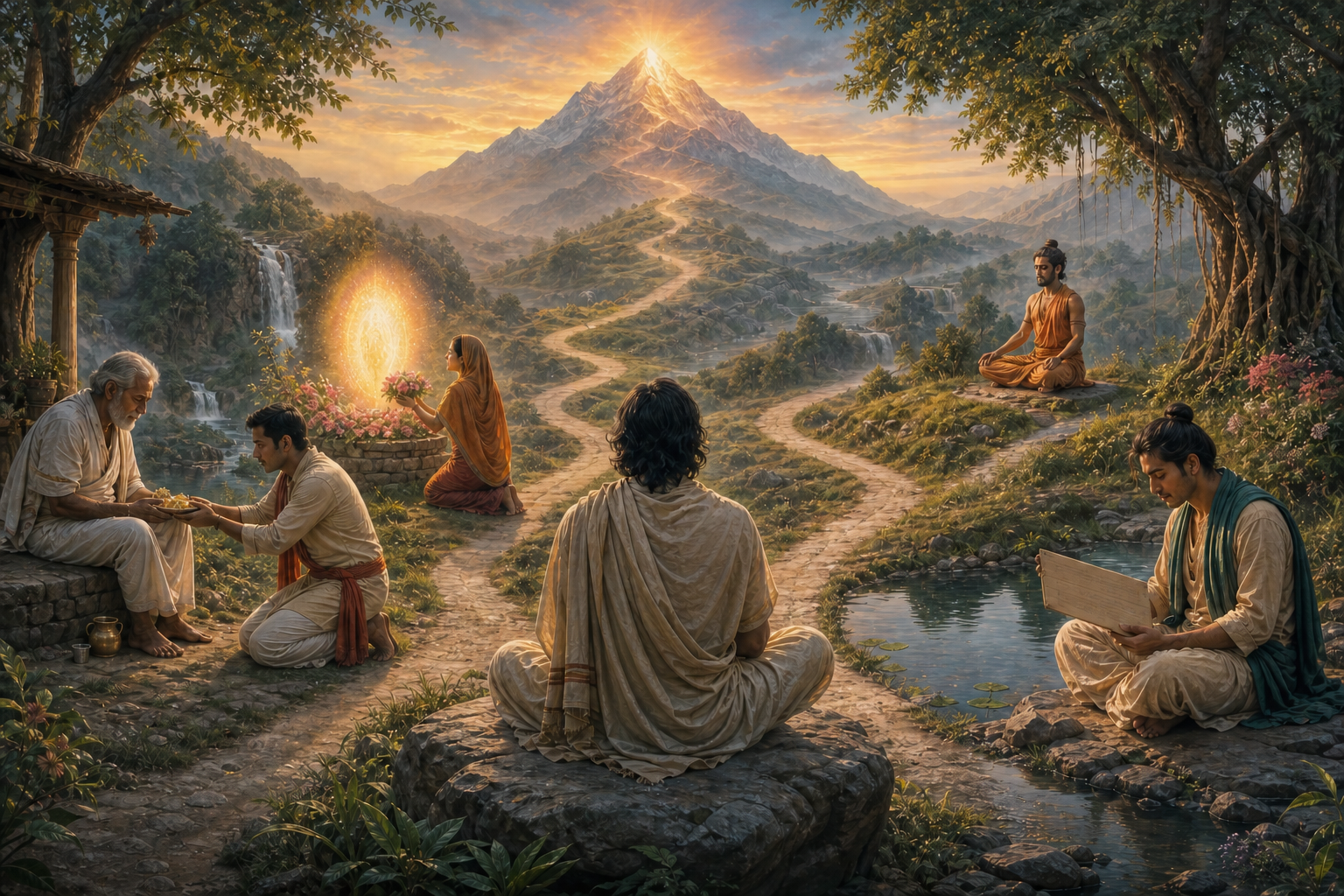Four practitioners serve an elder, offer flowers at a radiant shrine, contemplate beside a reflecting pool, and meditate beneath a tree as paths curve toward one mountain summit.
