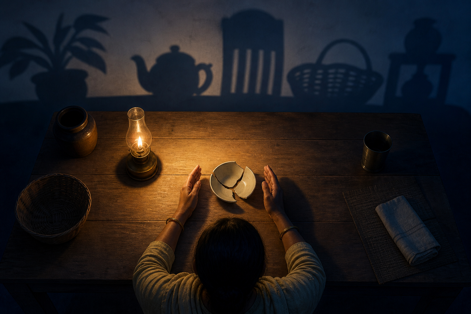 A person holds their hands near a broken bowl illuminated by a lamp while oversized, indistinct shadows fill the surrounding room.