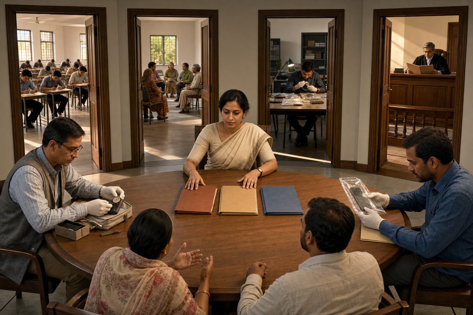 A citizen advocate distributes separate case folders to an administrator, investigator, mediator, and judge seated around a circular table.